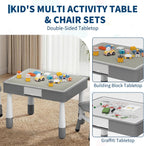 4-in-1 Kids Activity Table Set with 2 Adjustable Toddler Chairs, Double-Sided Reversible Building Block & Graffiti Drawing Tabletop, for Reading, Drawing, Dining & Block Play, Gift for Kids