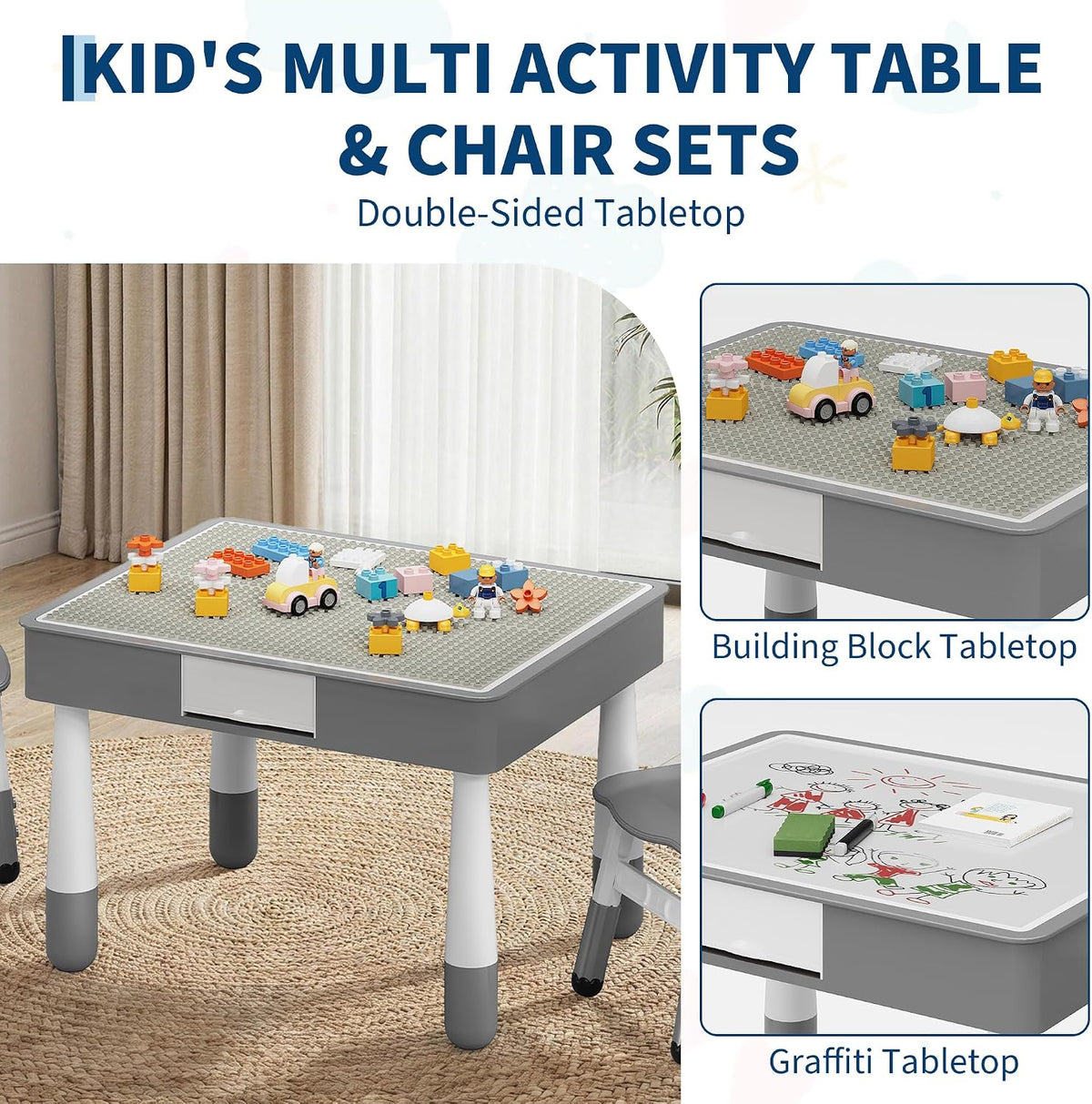 4-in-1 Kids Activity Table Set with 2 Adjustable Toddler Chairs, Double-Sided Reversible Building Block & Graffiti Drawing Tabletop, for Reading, Drawing, Dining & Block Play, Gift for Kids