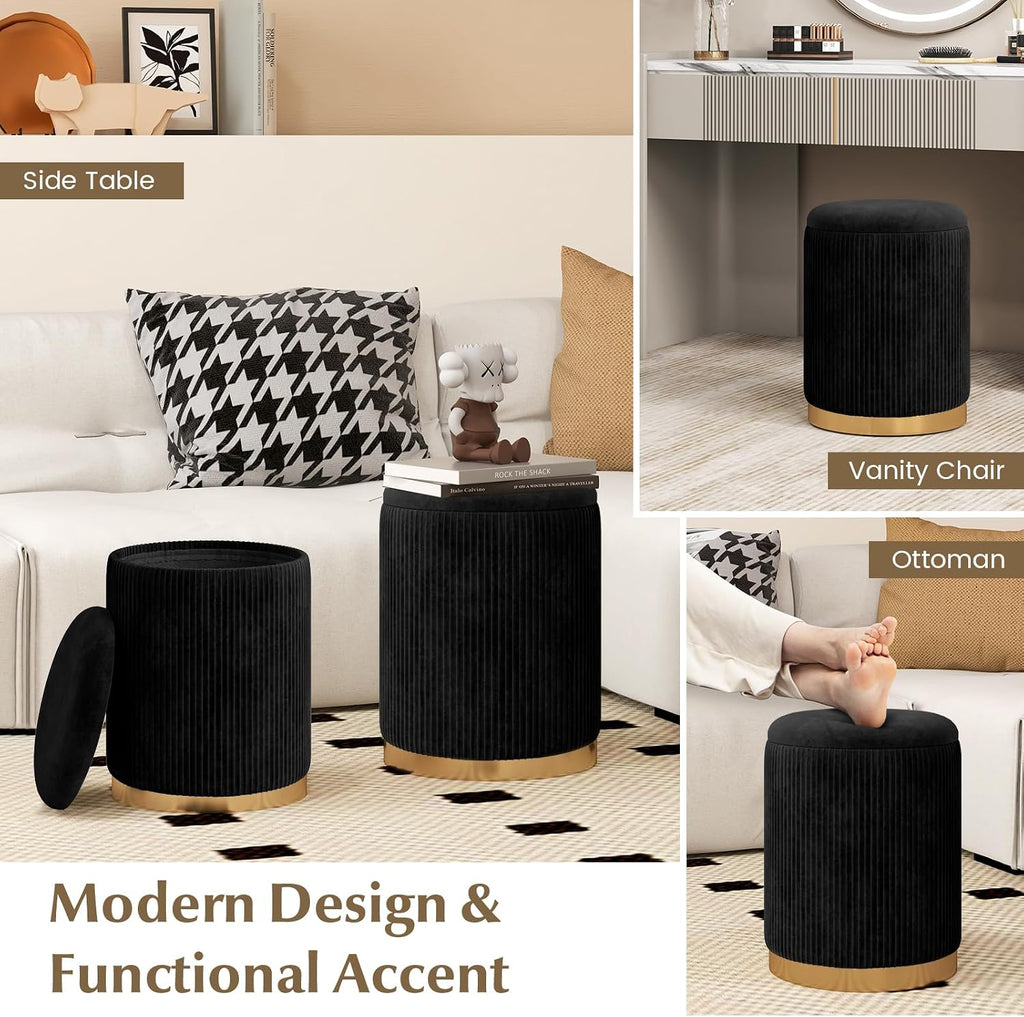 GOFLAME Round Velvet Storage Ottoman Set of 2, Upholstered Footrest with Gold Hoop, Vanity Stool Chair, Stackable Footstool for Living Room, Bedroom, Black & Golden