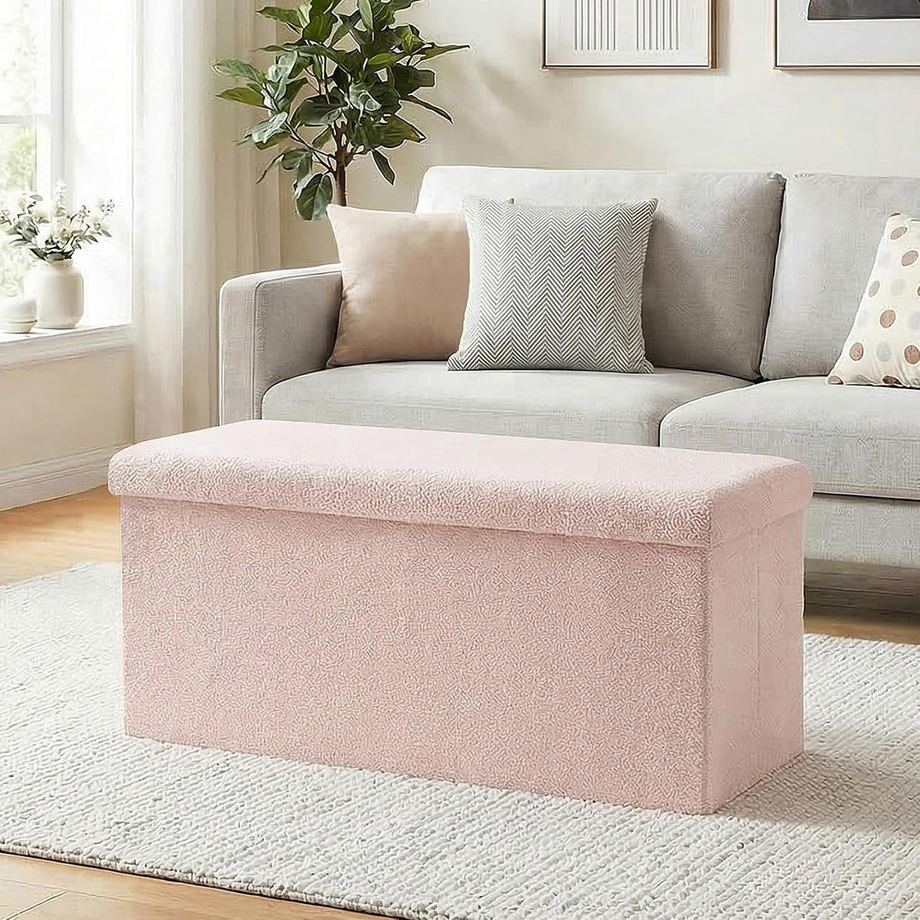 30 Inches Storage Ottoman Bench - Square Ottoman with Sherpa Top,Storage Bench for Bedroom 30" L x 15" W x 15" H - Pink