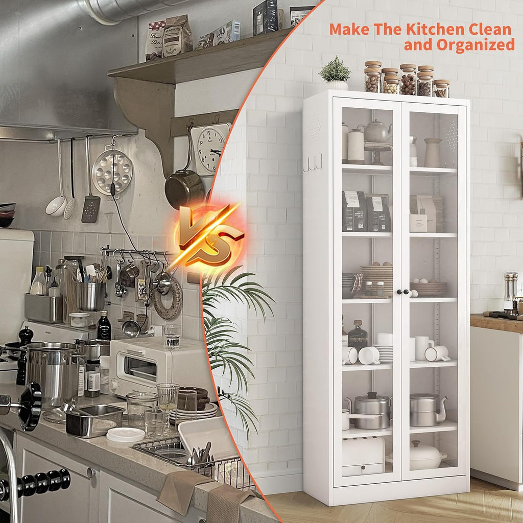 IKIMI 72" Metal Storage Cabinets with Glass Doors and 5 Shelves,White Kitchen Pantry Cabinet,Freestanding Steel Cupboard Display Cabinets for Kitchen,Living,Dining Room,Bathroom,Assembly Required