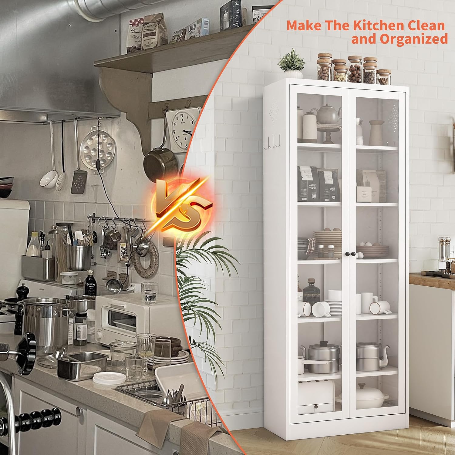 IKIMI 72" Metal Storage Cabinets with Glass Doors and 5 Shelves,White Kitchen Pantry Cabinet,Freestanding Steel Cupboard Display Cabinets for Kitchen,Living,Dining Room,Bathroom,Assembly Required