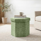 Hexagon Storage Ottoman, Foldable Chenille FootRest with Hidden Storage, Small Ottoman Footstool for Living Room, Bedroom, Dorm, Entryway, 15 x 16.9 x 15 Inches, Green