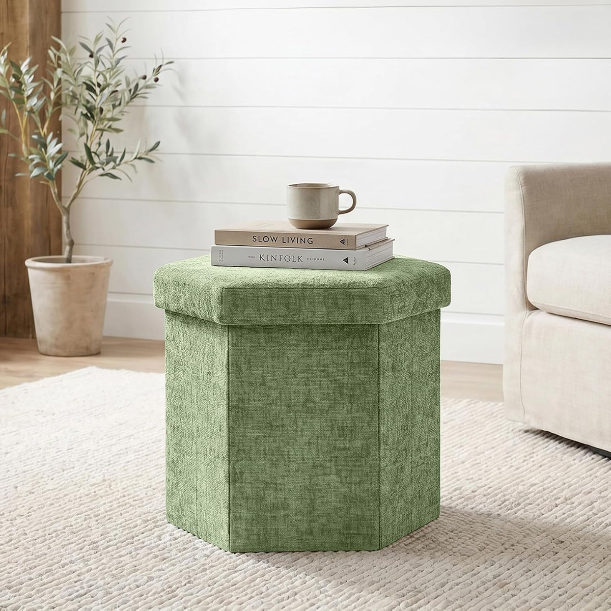 Hexagon Storage Ottoman, Foldable Chenille FootRest with Hidden Storage, Small Ottoman Footstool for Living Room, Bedroom, Dorm, Entryway, 15 x 16.9 x 15 Inches, Green