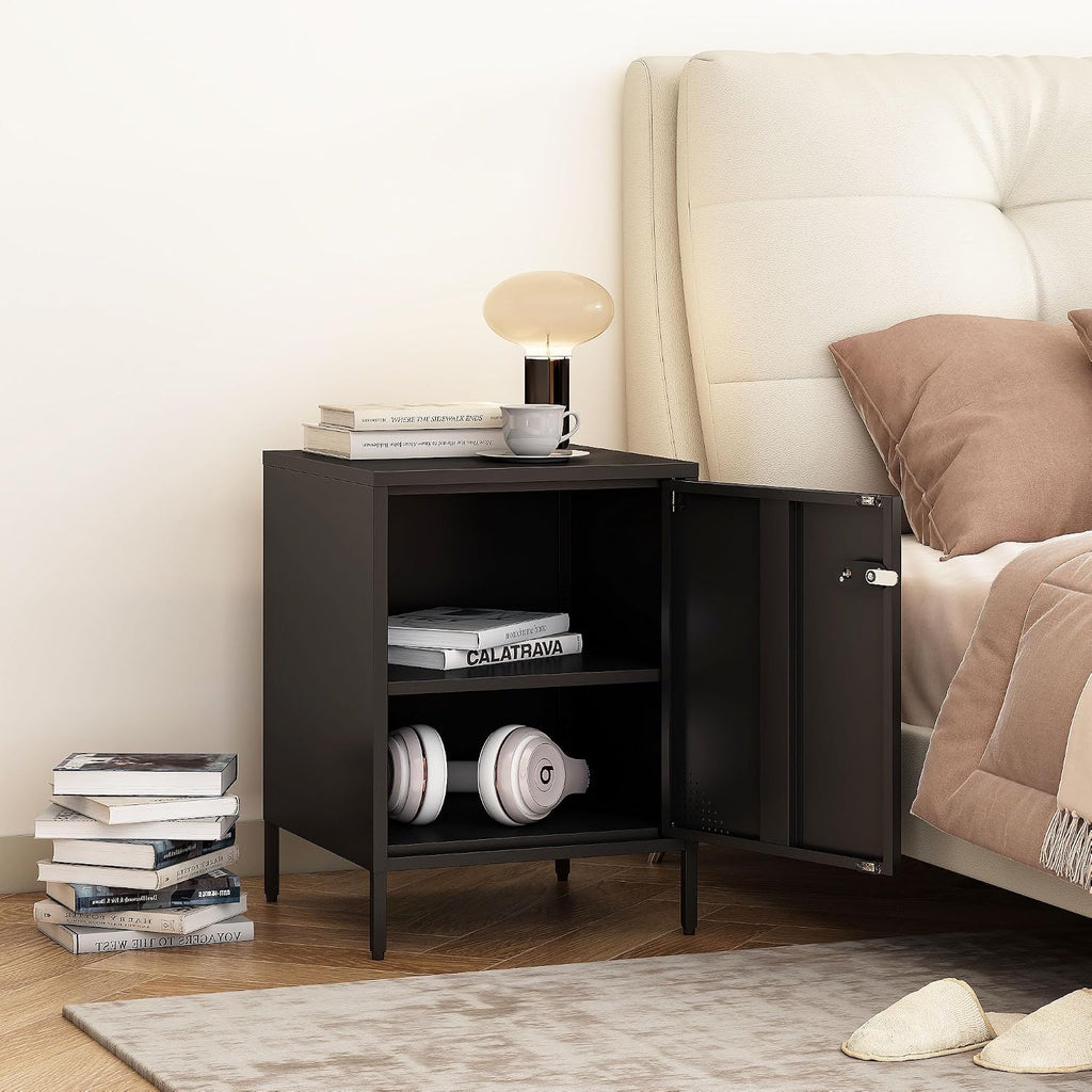 Steehoom Metal Lockable Nightstand, Single Door Locker Metal End Table Small Bedside Storage Cabinet for Living Room, Bedroom, Dorm, 21.26”H X 15.75”W X 15.75”D (1 Door, Black)