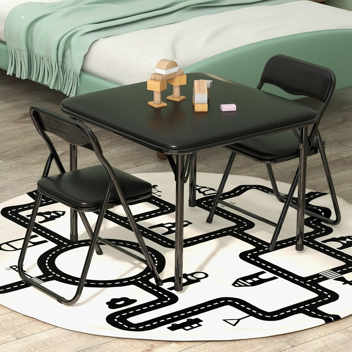 Kids Folding Table and Chairs Set 3-Piece PU Padded No Assembly | Fold-Flat Design + No Assembly + PU Padded Comfort – A Perfect Space-Saving Activity Set for Kids Ages 2-8