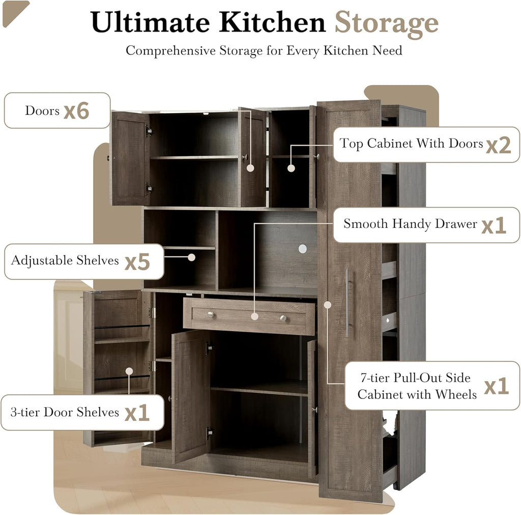 Kitchen Pantry Cabinet, Buffet with Pull-Out Side Cabinet | 7-tier pull-out side cabinet with wheels, easy access for spices, oils, baking supplies, and daily kitchen essentials