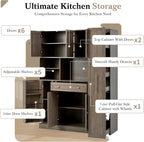 Kitchen Pantry Cabinet, Buffet with Pull-Out Side Cabinet | 7-tier pull-out side cabinet with wheels, easy access for spices, oils, baking supplies, and daily kitchen essentials