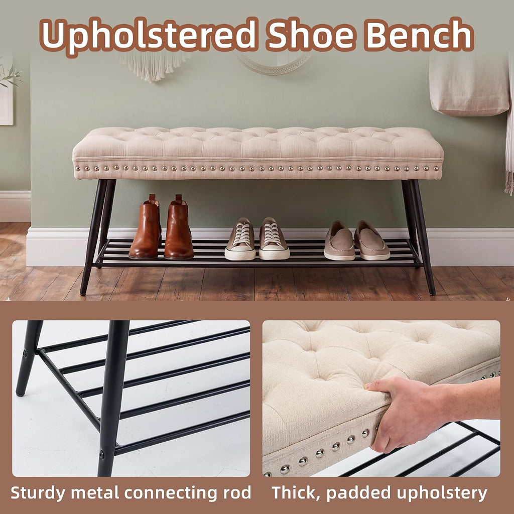Mistpople Thick Cushioned Shoe Bench, Entryway Bench with Metal Shoe Rack, Upholstered Tufted Ottoman Bench for Bedroom, End of Bed Bench, Farmhouse Style Storage Bench for Hallway, Living Room