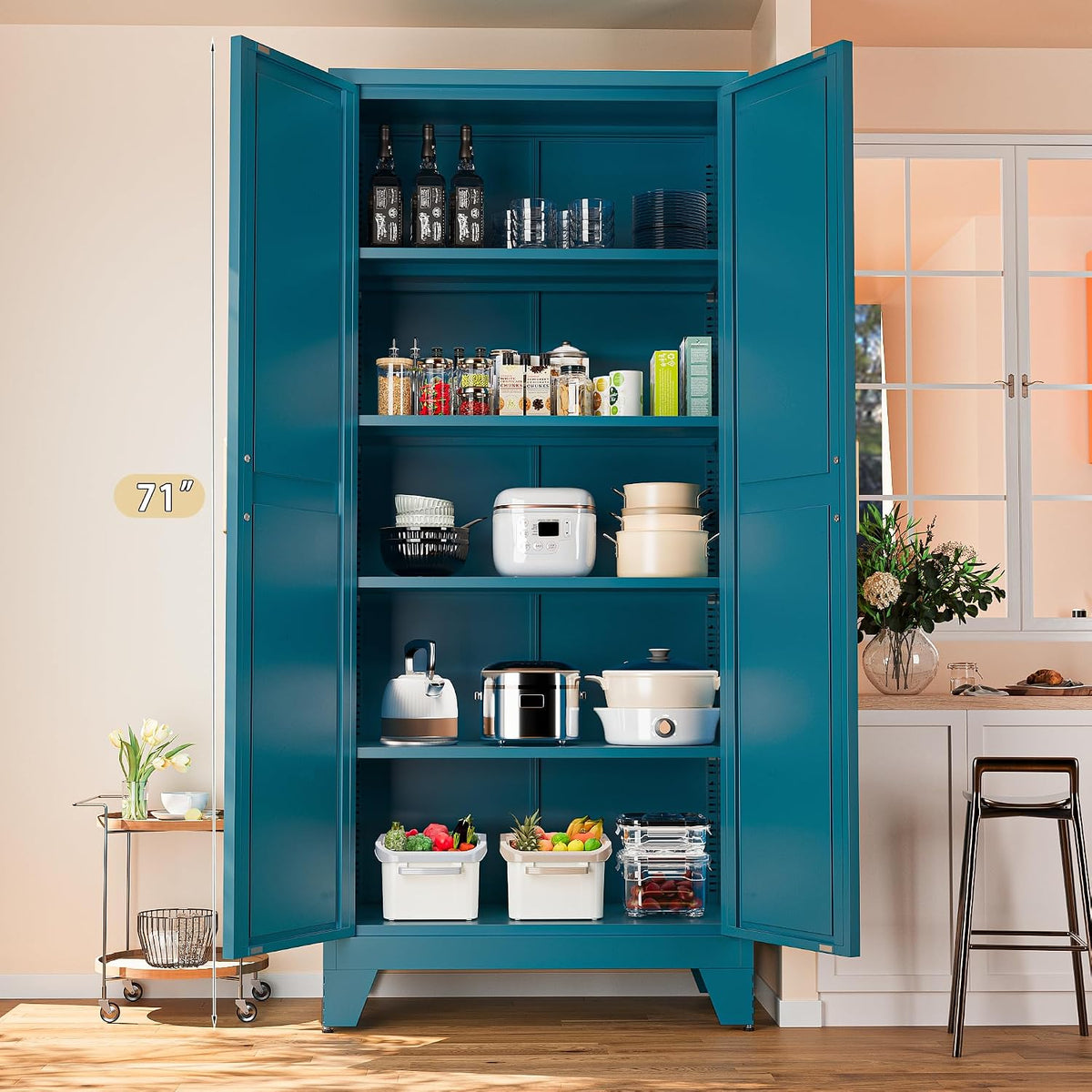 Washsemba 71'' Farmhouse Metal Storage Cabinet with Barn Doors,Steel File Cabinet for Home Office,Kitchen Pantry 4 Adjustable Shelves,Freestanding Cupboard for Kitchen,Home Office (Peacock Blue)