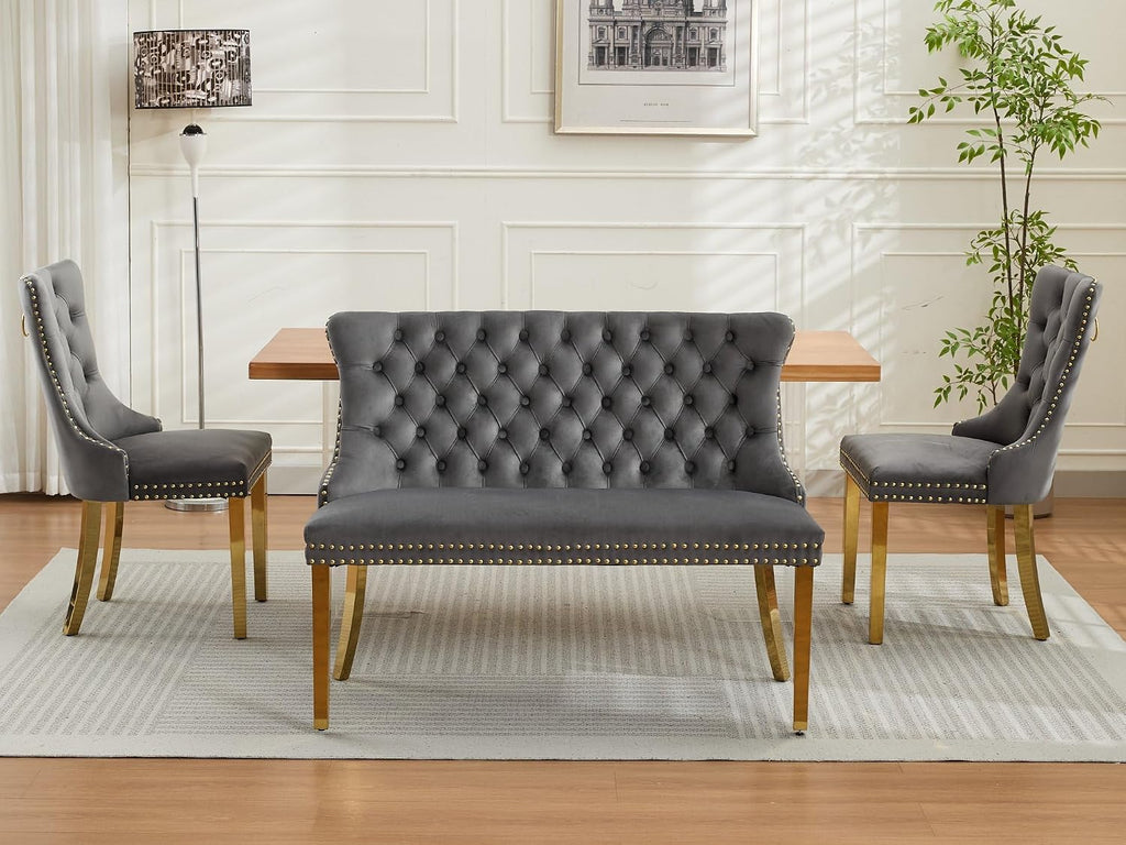 Velvet Upholstered Dining Bench with Back, 45.6'' Tufted Loveseat Bench with Gold Stainless Steel Legs, Mid-Century Modern Banquette Seating for Dining Room, Kitchen, Entryway, Gray