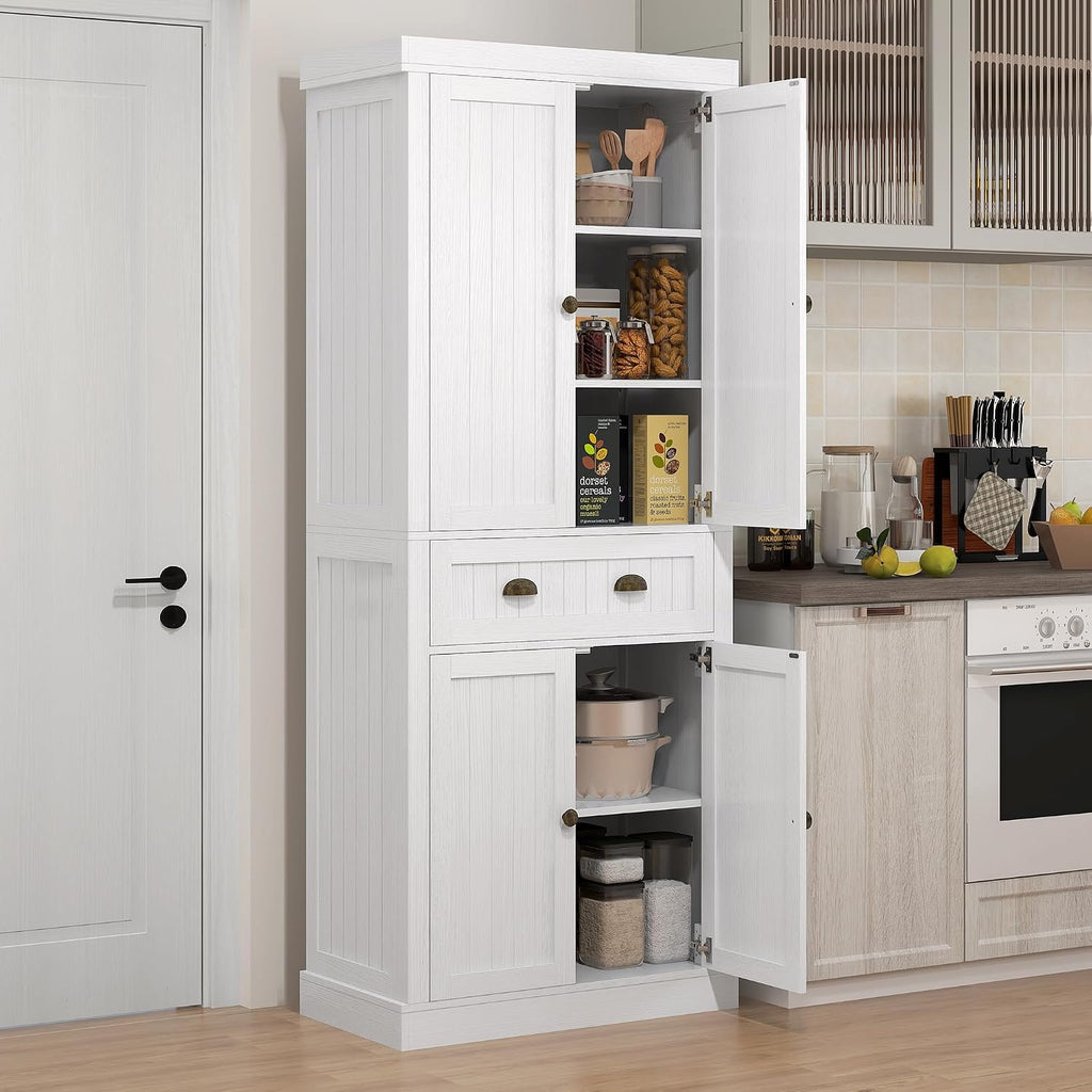 72" Farmhouse Kitchen Pantry Cabinet, Freestanding Tall Storage Cabinet with 4 Soft-Close Doors, 2 Adjustable Shelves and Drawer for Dining Room, Distressed White