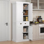 72" Farmhouse Kitchen Pantry Cabinet, Freestanding Tall Storage Cabinet with 4 Soft-Close Doors, 2 Adjustable Shelves and Drawer for Dining Room, Distressed White