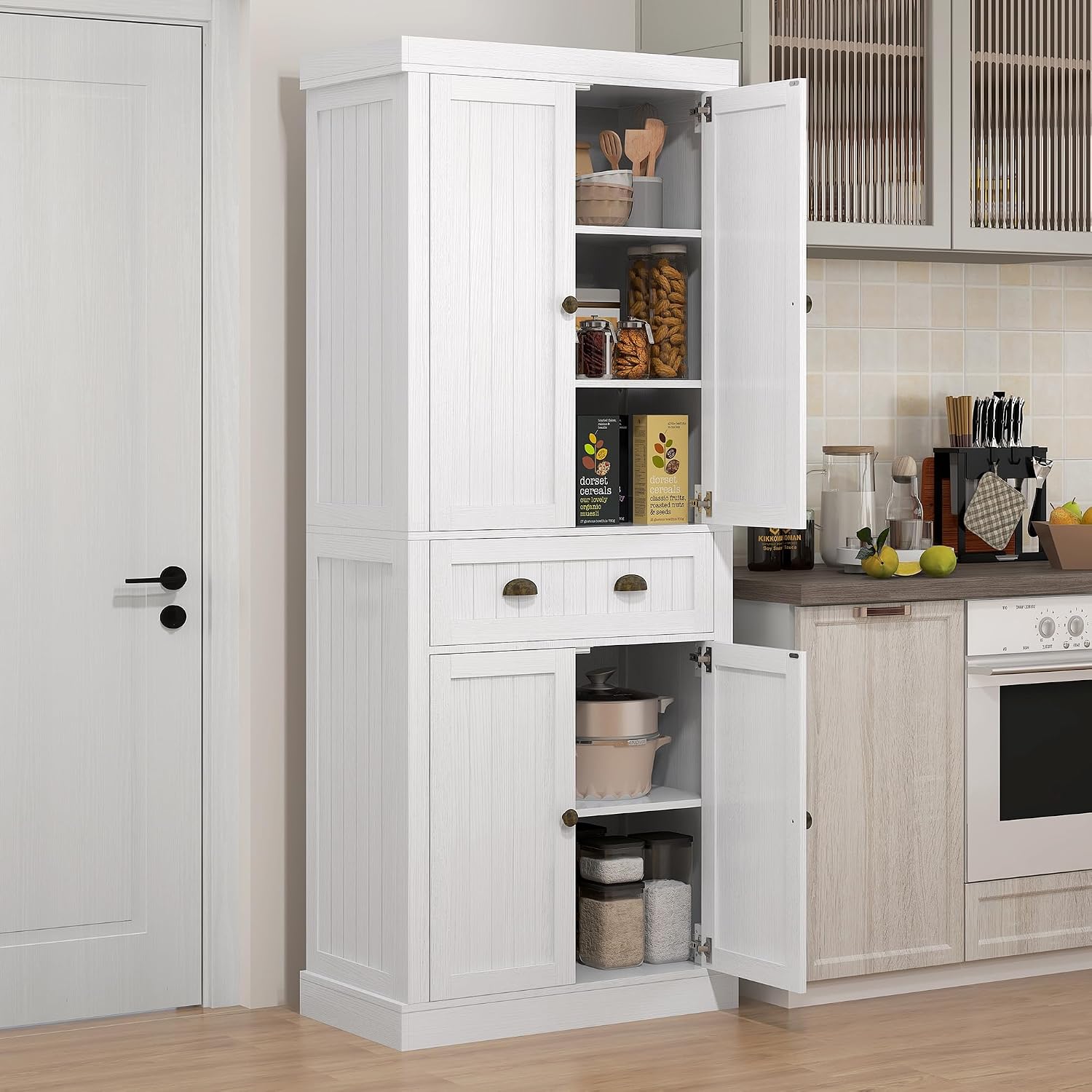 72" Farmhouse Kitchen Pantry Cabinet, Freestanding Tall Storage Cabinet with 4 Soft-Close Doors, 2 Adjustable Shelves and Drawer for Dining Room, Distressed White