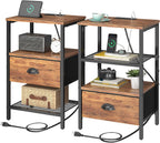 sthmec Nightstands Set of 2, Night Stands with Charging Station and Fabric Drawer, Bedside Tables with Drawers, 2- Tier Side Table with Open Shelf, Nightstands with Charging Station,Rustic Brown