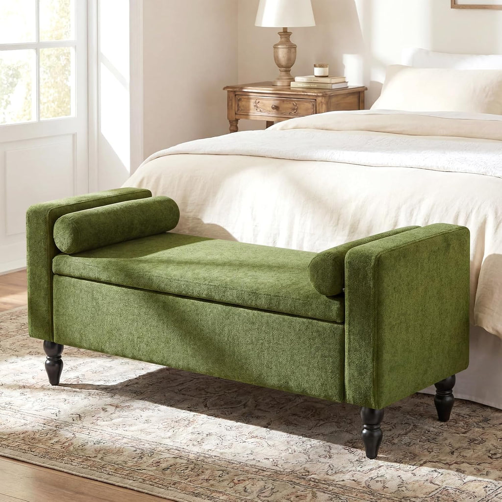 End of Bed Bench for Bedroom, 45.7" Linen Storage Ottoman Bench with Removable Pillows, Upholstered Entryway Bench with Solid Wood Legs, Storage Cabinet for Bedroom, Living Room, Entryway, Green