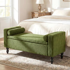 End of Bed Bench for Bedroom, 45.7" Linen Storage Ottoman Bench with Removable Pillows, Upholstered Entryway Bench with Solid Wood Legs, Storage Cabinet for Bedroom, Living Room, Entryway, Green