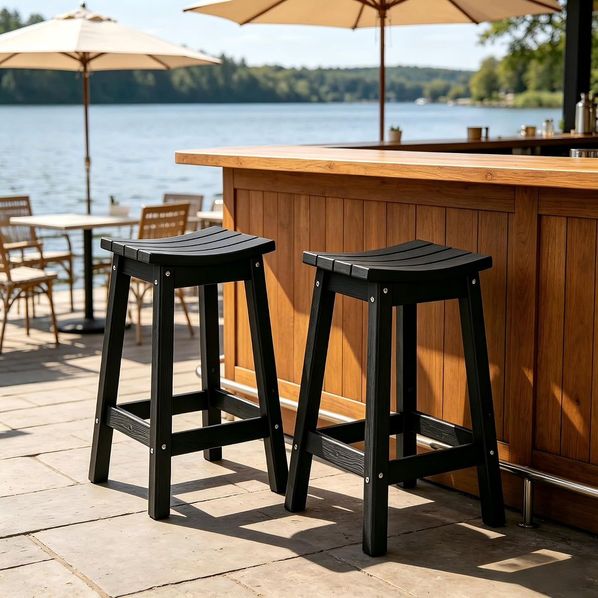 AMILY 24'' HDPE Bar Stool Set of 2, Weather Resistant Outdoor Bar Stools, Heavy Duty All-Weather Patio Stools for Poolside, Backyard, Balcony, Easy Assembly (Black)