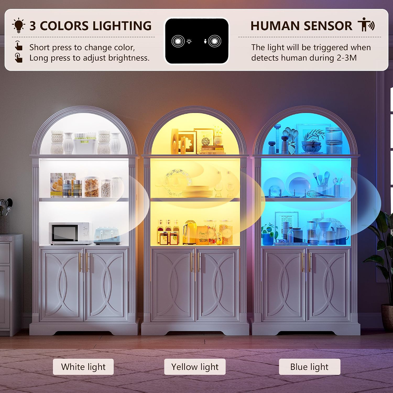 Vlsrka Kitchen Pantry Storage Cabinets with Adjustable Shelves, 71" Tall | Arched Wooden Cabinet with Doors, 3 Colors LED Lights, Motion Sensor, Freestanding, for Living/Dining Room, White