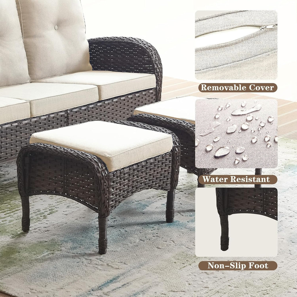 Belord Outdoor Ottomans for Patio Foot Rest - 25 Inch PE Wicker Foot Stool Set of 2 with Removable Cushions for Patio Furniture Sets,All Weather Rattan Ottoman for Balcony Deck Backyard Brown