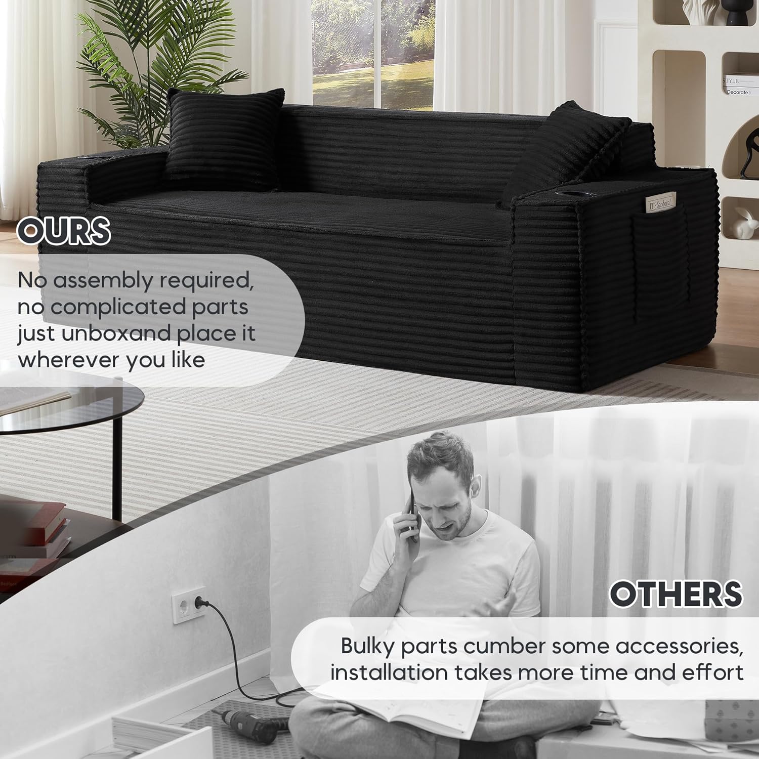 Sectional Sofa 3 Piece Set with Cup Holders & Side Pockets, Modern Corduroy Fabric Deep Seat Cloud Couch Living Room, Office, No Assembly (Black)