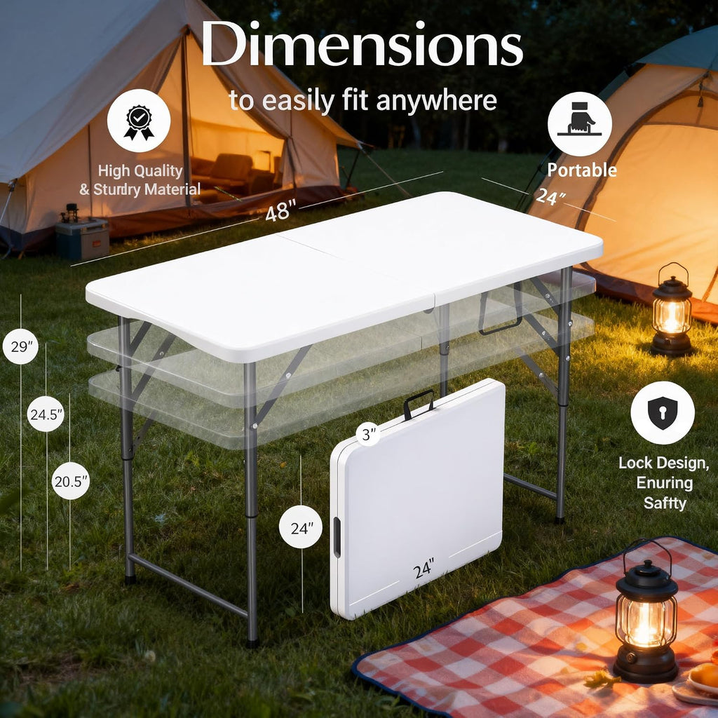 4 Feet Folding Table Adjustable Height with Carry Handle, Steel Legs | Heavy Duty | Lightweight Portable | Perfect for Party, Dining, Wedding, Events, Picnic Indoor, Outdoor, Camping, Utility-10P