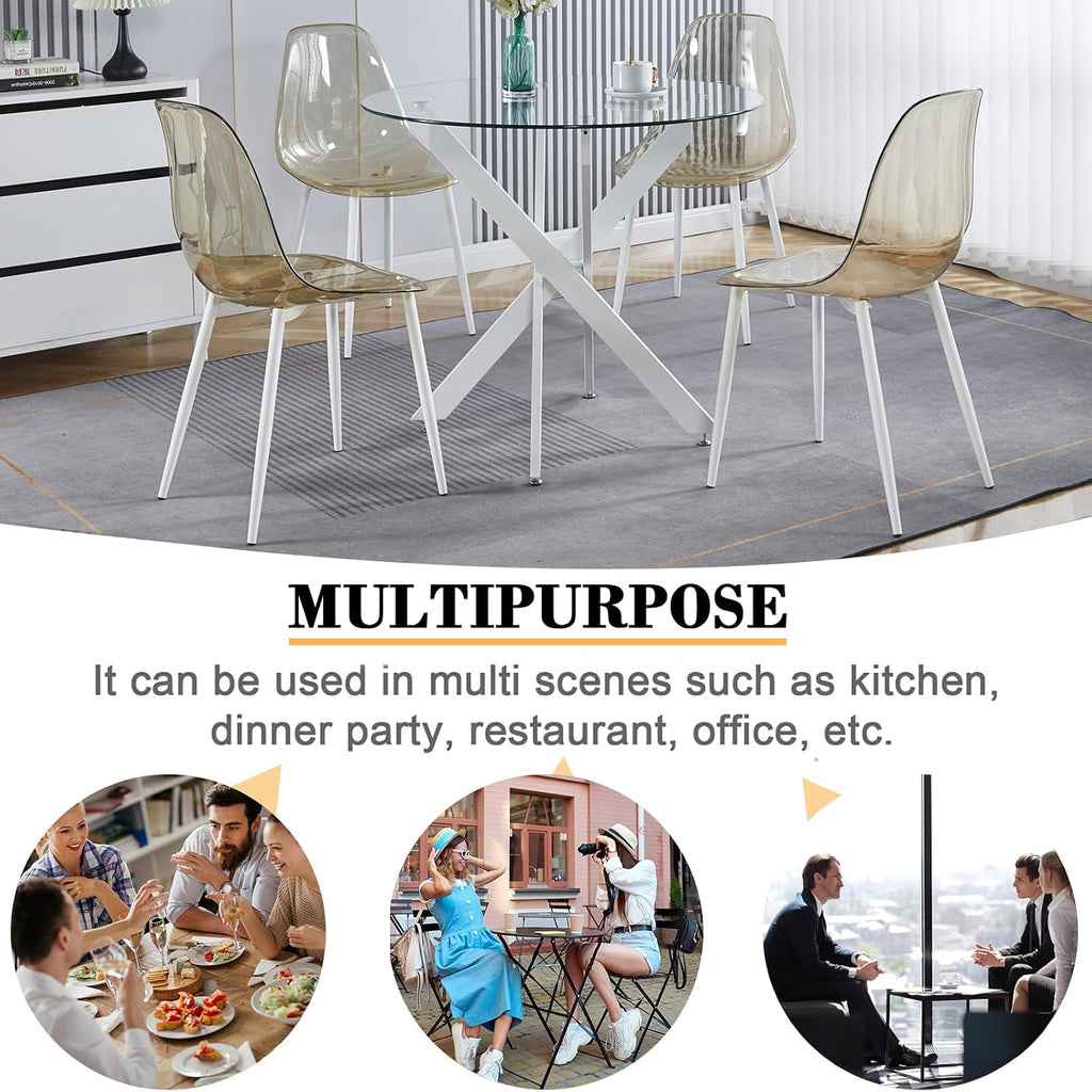 Modern Round Dining Table for 4, 36" Circle Glass Kitchen Dining Room Table with White Metal Cross Legs, Tempered Glass Tabletop, Perfect for Dinner Kitchen Living Dining Room