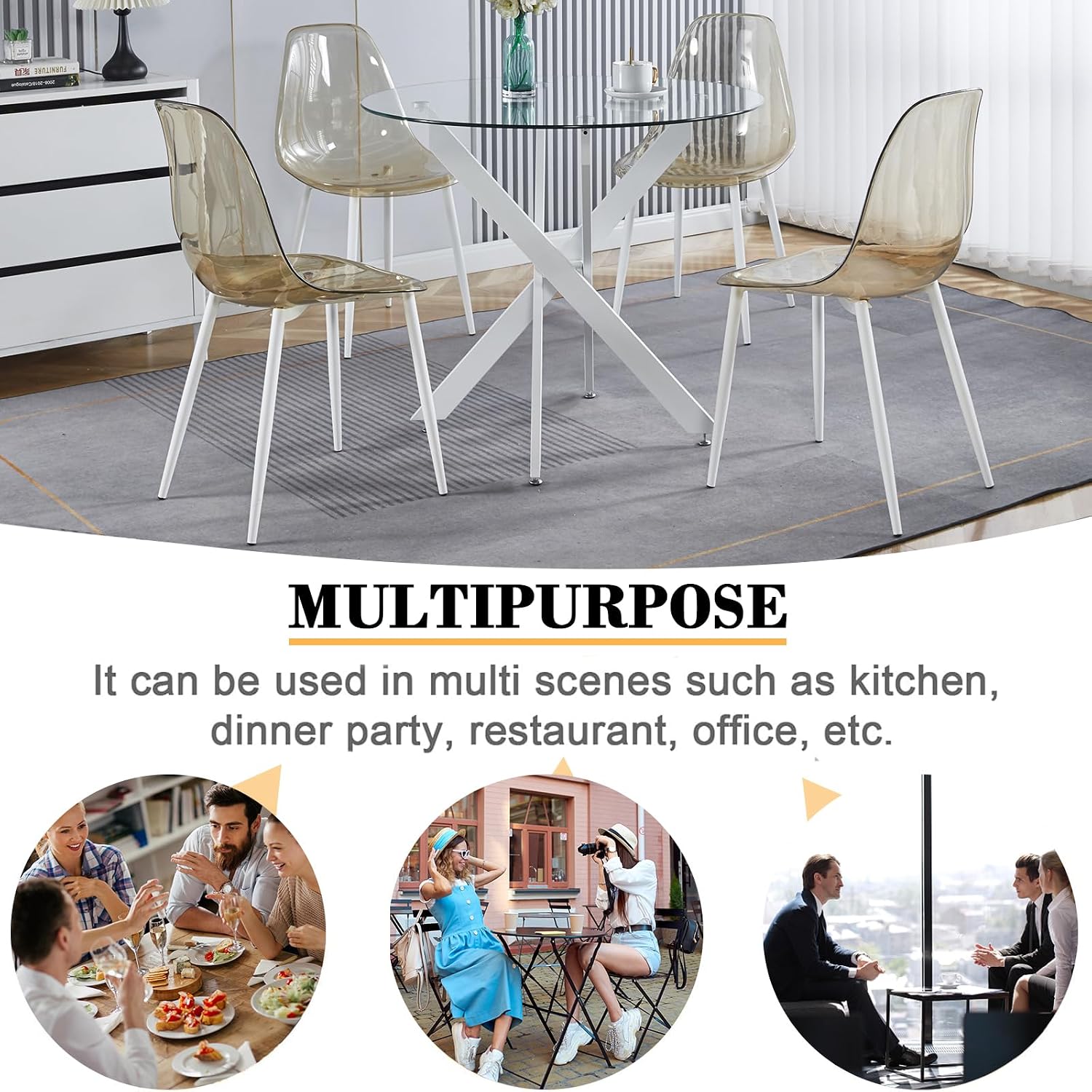 Modern Round Dining Table for 4, 36" Circle Glass Kitchen Dining Room Table with White Metal Cross Legs, Tempered Glass Tabletop, Perfect for Dinner Kitchen Living Dining Room