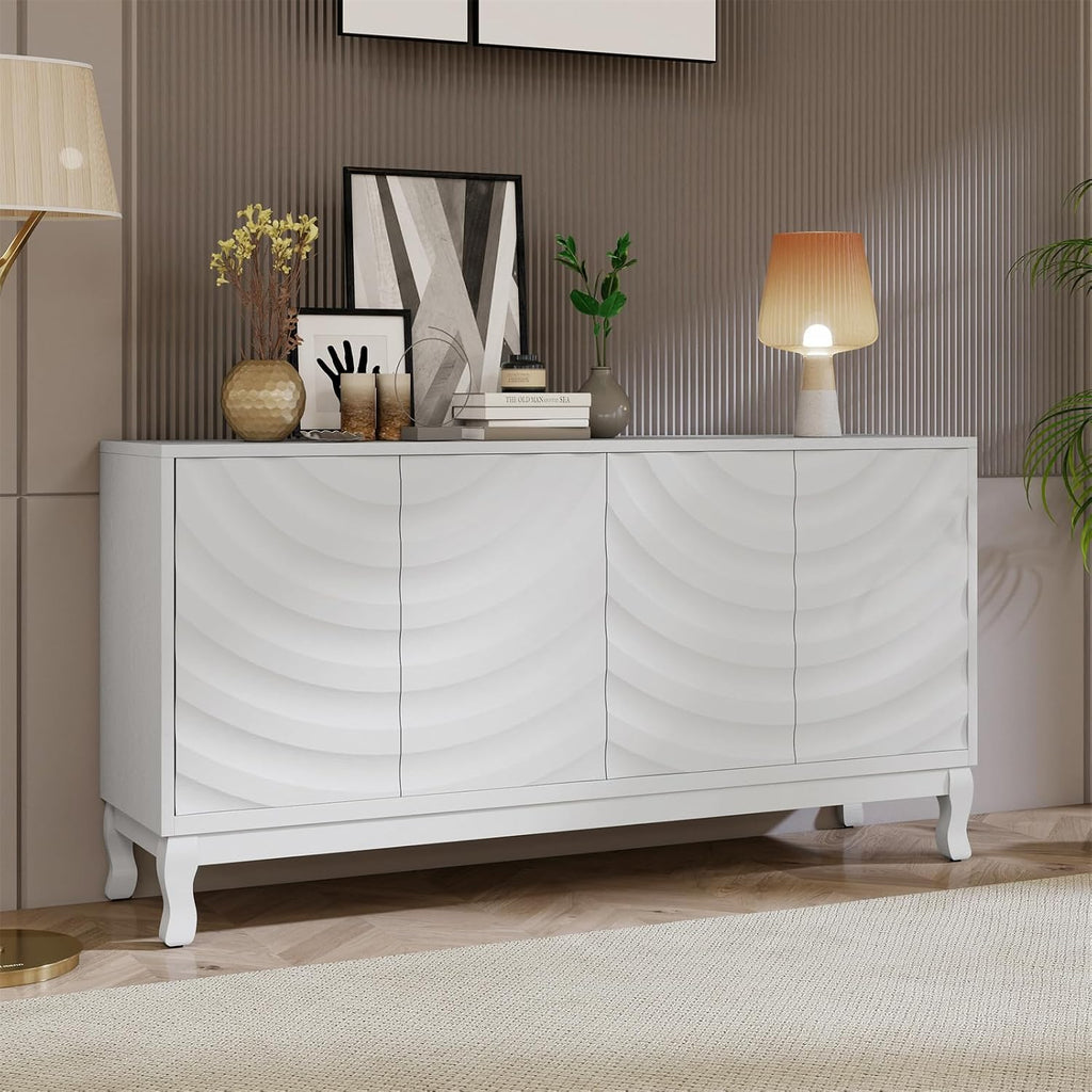 LKTART 59.84" Sideboard Buffet Storage Cabinet for Dining Room, Wavy Pattern Fluted Console Table Pressed Spring 4 Doors Cabinet Sideboard for Living Room Kitchen Hallway Entryway (White)