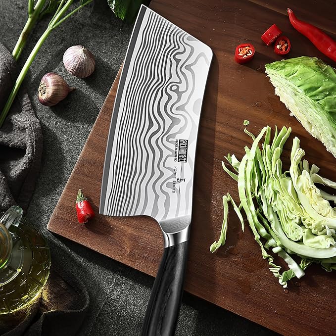 Cleaver Knife 7 Inch, Razor Sharp High Carbon Powder Steel Meat Cleaver, Professional Butcher Chopper Kitchen Knife for Meat Cutting Vegetable Slicing