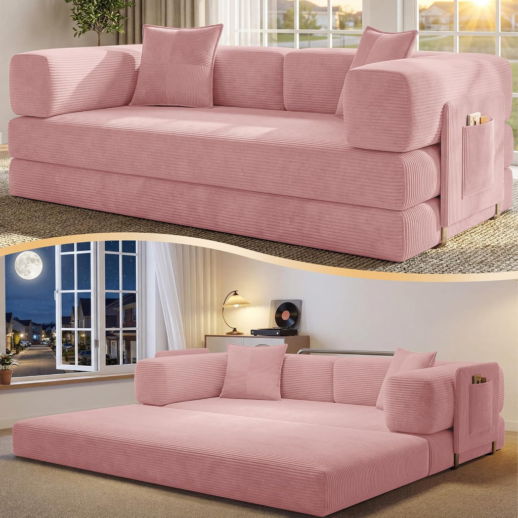 78.8" Convertible Futon Sofa Bed, Couch for Living Room | Corduroy Loveseat Sleeper Sofa, Modular Futon Couch with Storage Pocket, Pull Out Couch No Assembly | Pink