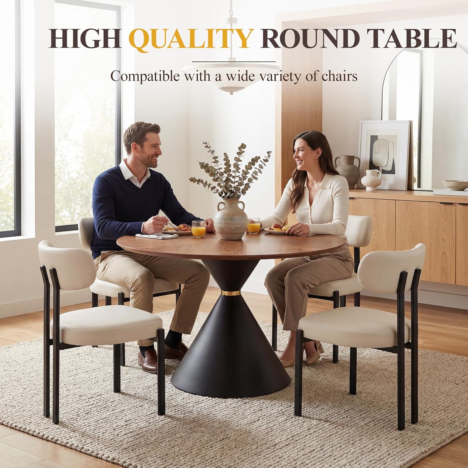HNY Round Dining Table, 37.5" Modern Coffee Table with Walnut Inlay Tabletop & Matte Black Hourglass Base, Small Accent Table Compact Tables for Living Room, Bedroom, Balcony, Small Space