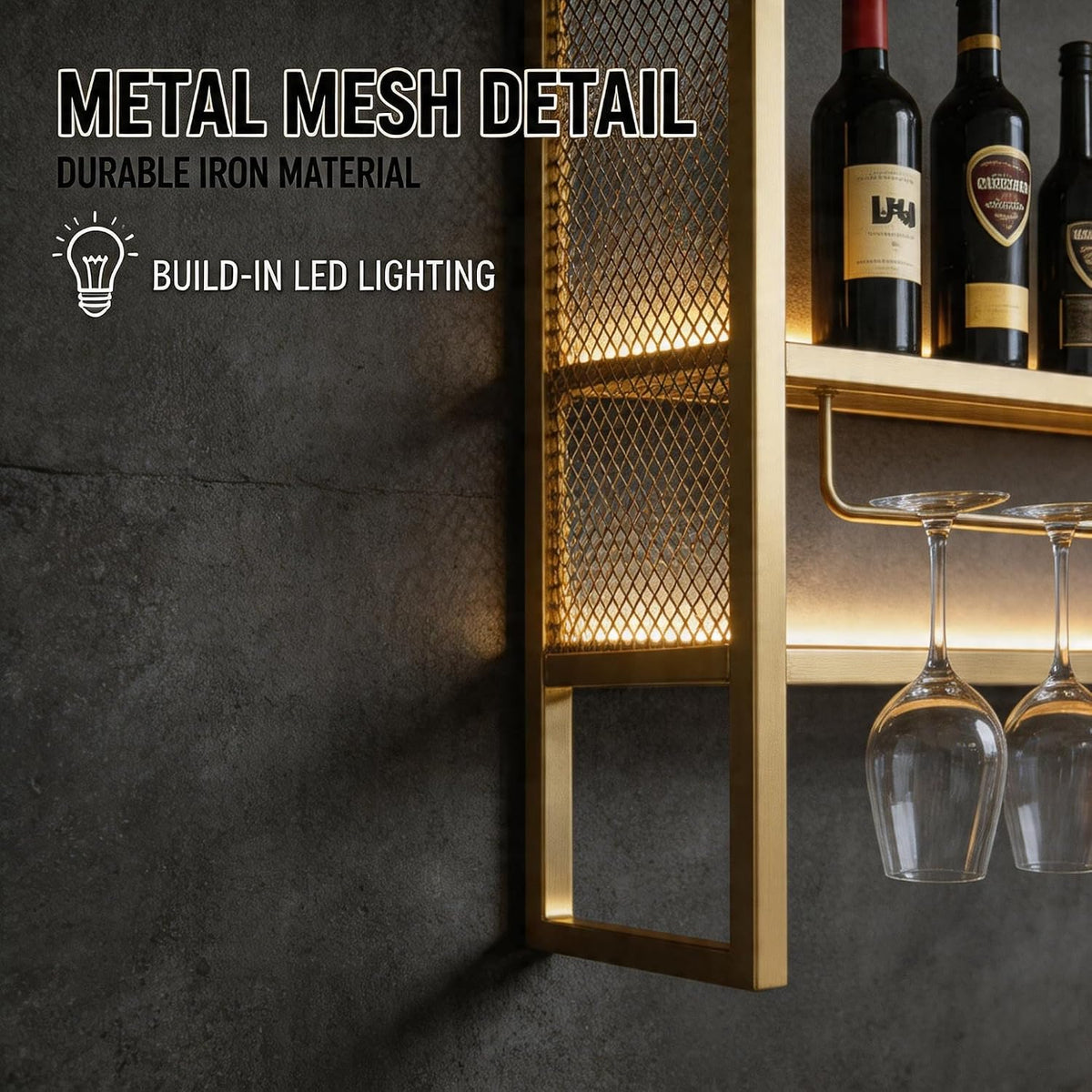 SEIFE Wall Mounted Bar Shelves with LED Lights, 3-Tier Industrial Metal Liquor Bottle Display Shelf with Wine Glass Rack, Floating Bar Cabinet for Home, Kitchen, Living Room(Gold,39.3in/100cm)