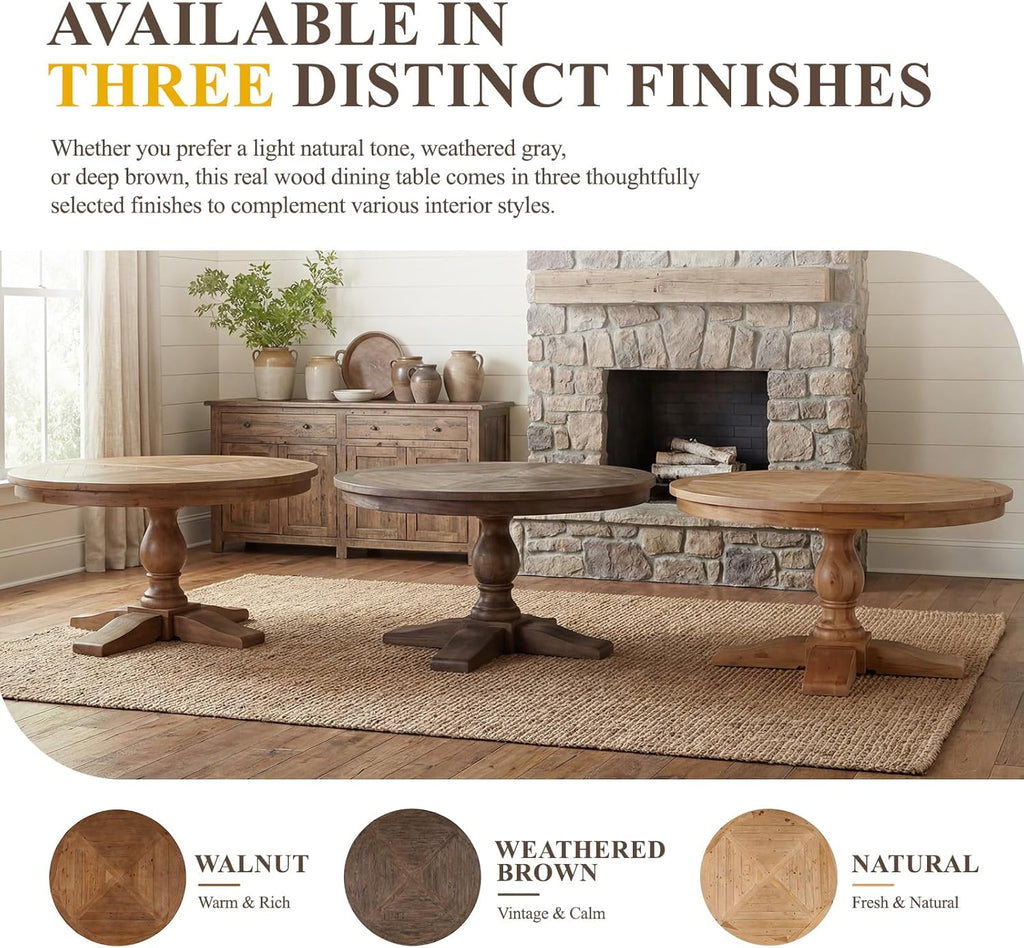 60" Round Dining Table, Reclaimed Wood Kitchen Table for 6-8, Farmhouse Circle Kitchen Table with Pedestal Curved Leg for Kitchen Dining Room Restaurant - Walnut