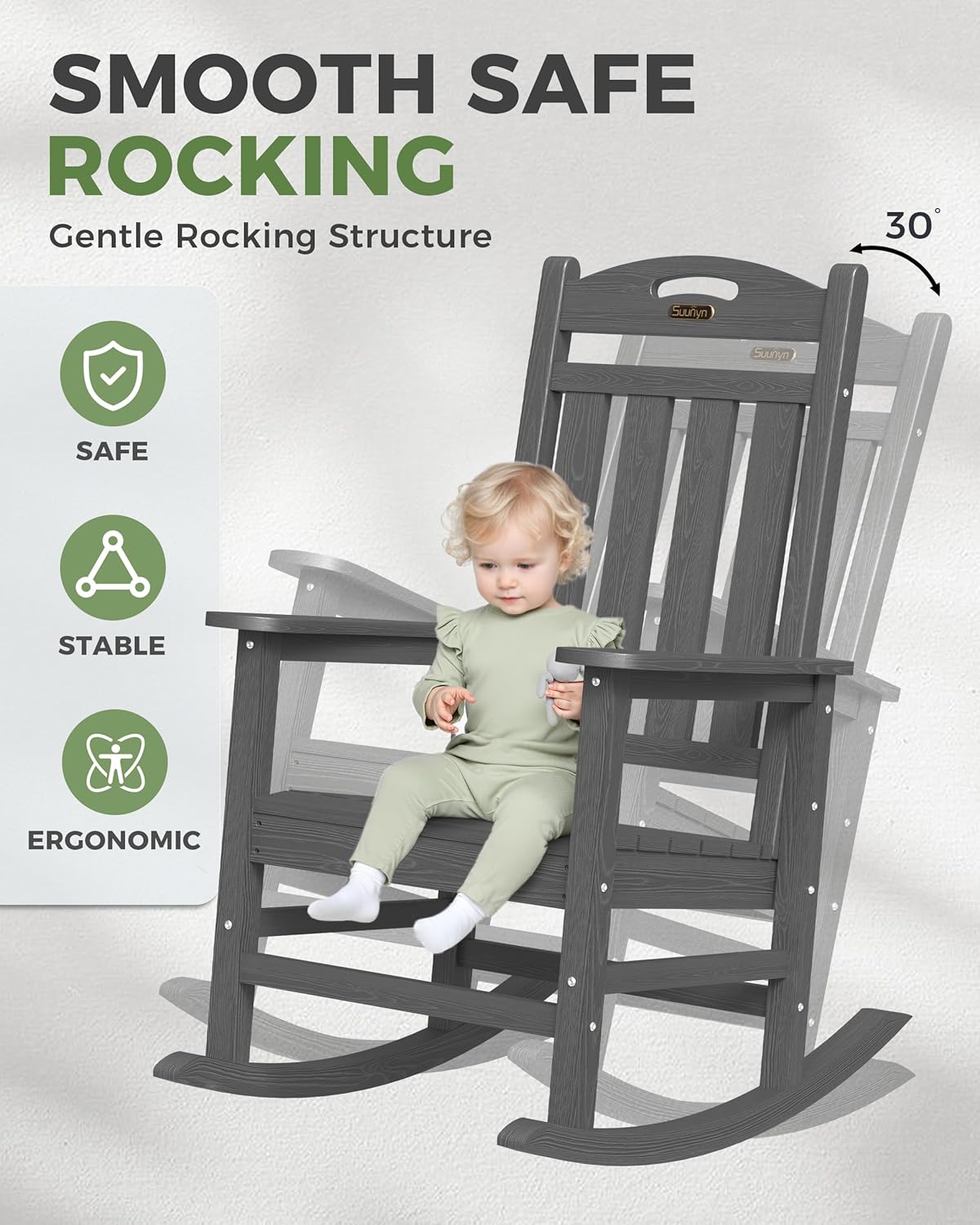 Oversized Outdoor Rocking Chair, HDPE All Weather Resistant Patio Rocking Chair, High Back Porch Rocking Chair, 380lbs Weight Capacity, Dark Grey
