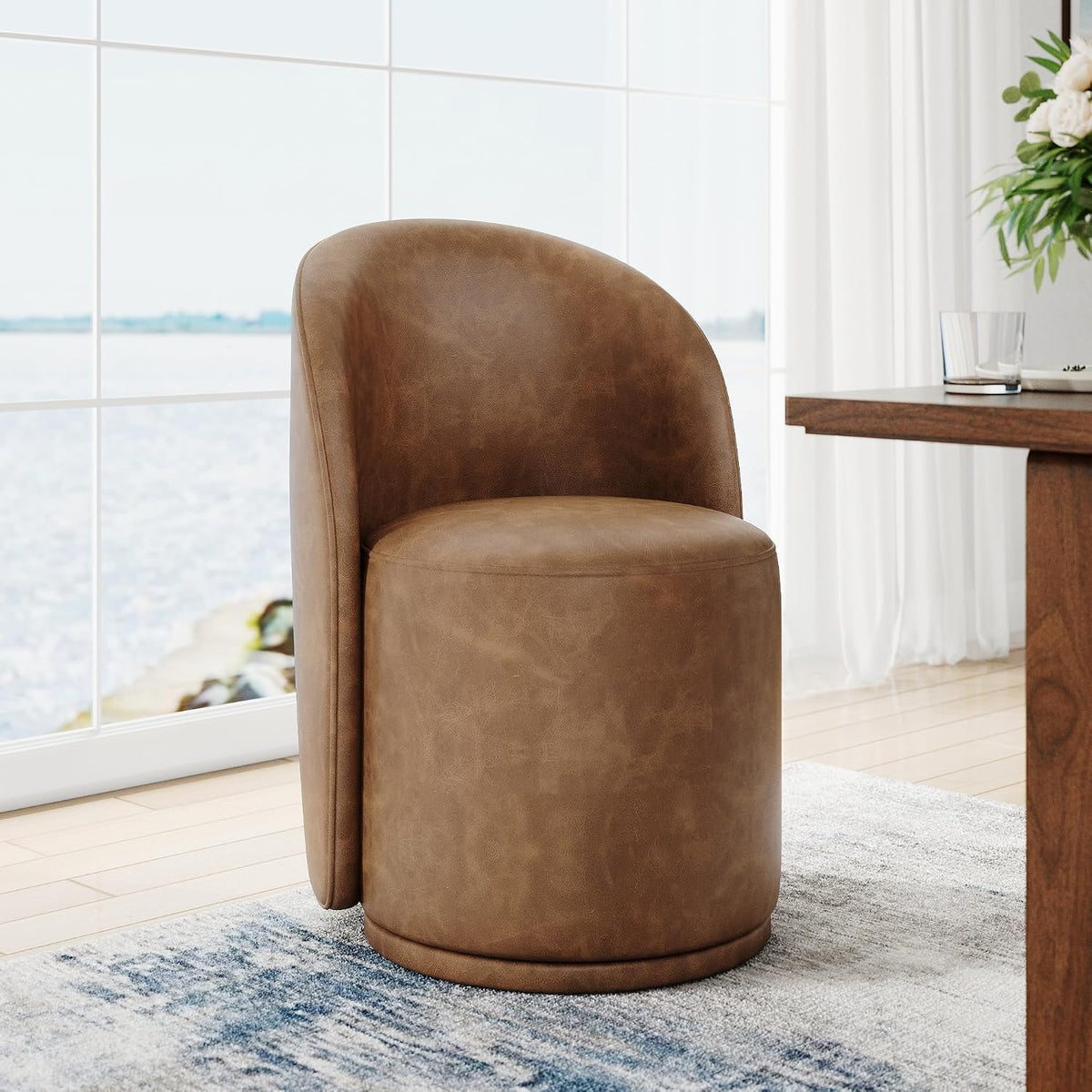 Swivel Barrel Dining Chairs, Upholstered Modern Accent Chair for Living Room, Bedroom, Makeup Vanity, Dining Room, Kitchen (Swivel Leather Brown, Set of 6)