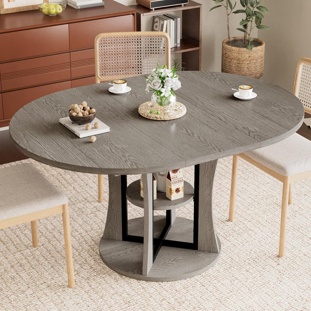 Extendable Round Dining Table for 4-6-8, 43.3-59in Expandable Kitchen Table with Storage Shelf, Space Saving Circle Oval Dining Table with Leaf for Kitchen, Dining Room, Gray