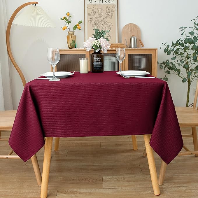 Biscaynebay Textured Fabric Christmas Square Table Cloth 90x90 Inch, Burgundy Water Resistant Tablecloths for Dining, Kitchen, Wedding, Parties etc. Machine Washable