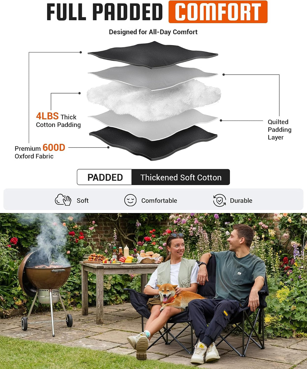 KingCamp Double Camping Chair, Heavy Duty 660lbs Folding 2 Person Chair | Portable Loveseat Couch Padded Comfortable Two Seat with Cup Holder&Carry Bag for Outdoor Lawn Backyard, Black