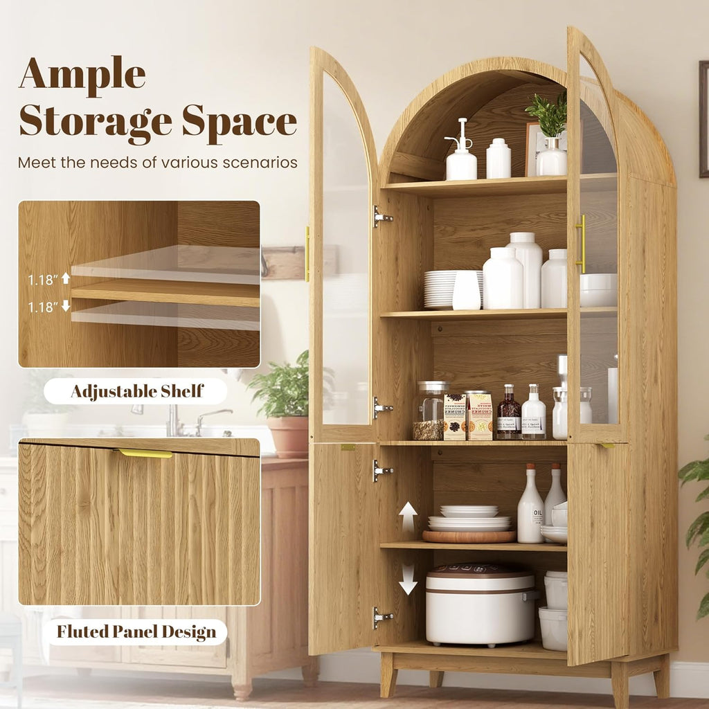 Pamapic 71" Tall Arched Cabinet, Fluted Kitchen Pantry with Glass Doors & Adjustable Shelves, Arch Storage Cabinet, Wooden Pantry for Dining Room, Living Room (Natural)