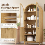 Pamapic 71" Tall Arched Cabinet, Fluted Kitchen Pantry with Glass Doors & Adjustable Shelves, Arch Storage Cabinet, Wooden Pantry for Dining Room, Living Room (Natural)