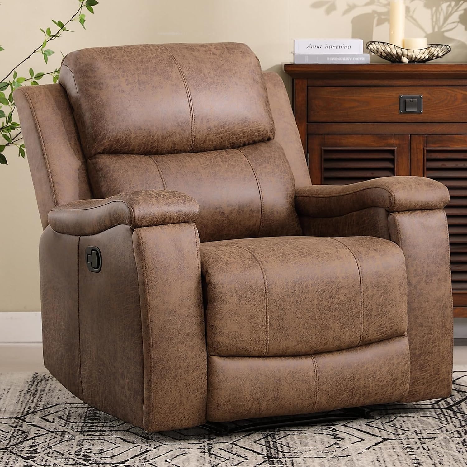 CANMOV Leather Recliner Chair, Classic and Traditional Manual Recliner Chair with Overstuffed Arms and Back, Manual Single Sofa with Concealed Cup Holders,Nut Brown