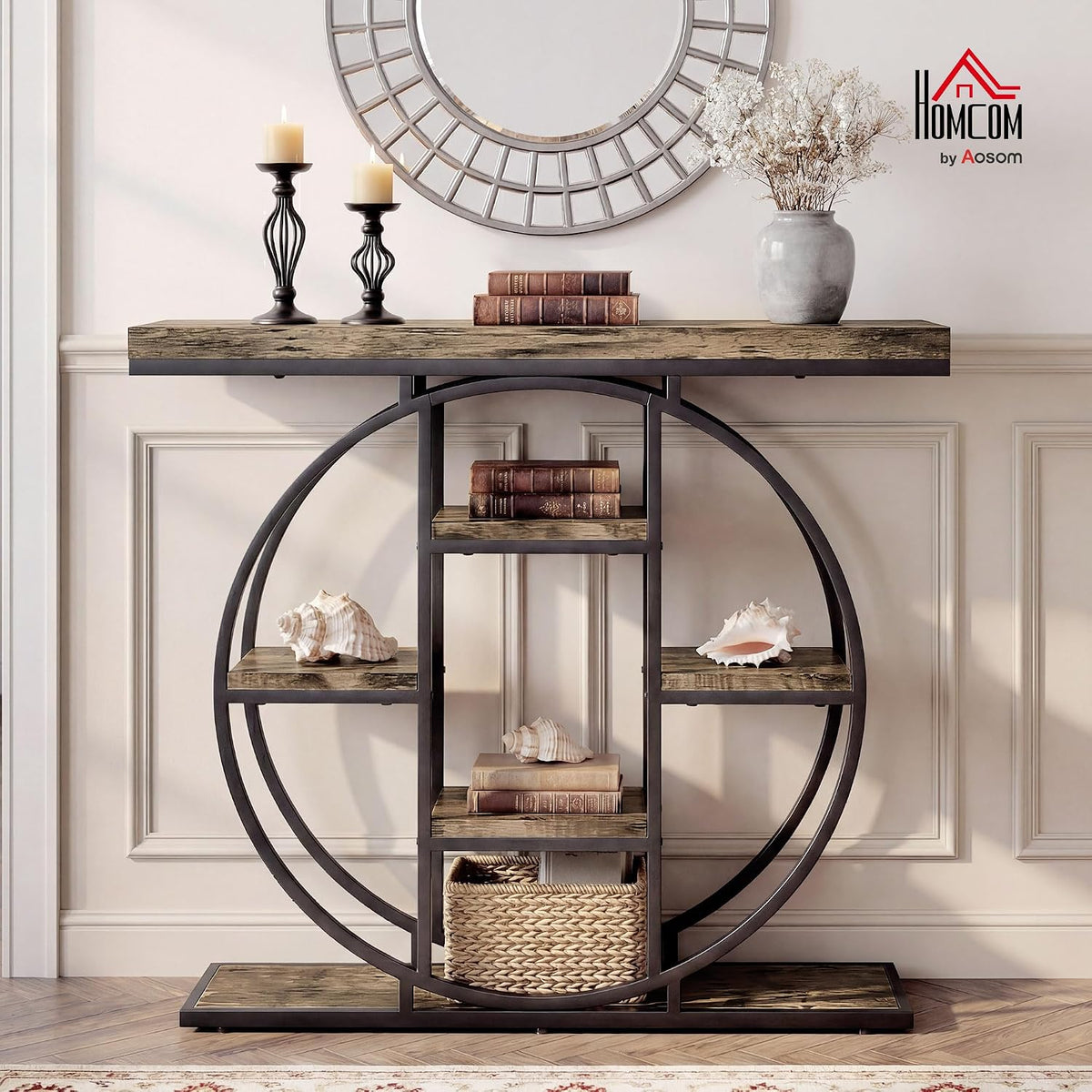 HOMCOM Entryway Table, 39.4" Console Sofa Table with Storage Shelves and Circle Steel Frame, Narrow Wood Accent Tables for Entrance, Hallway, Foyer, Living Room, Rustic Oak