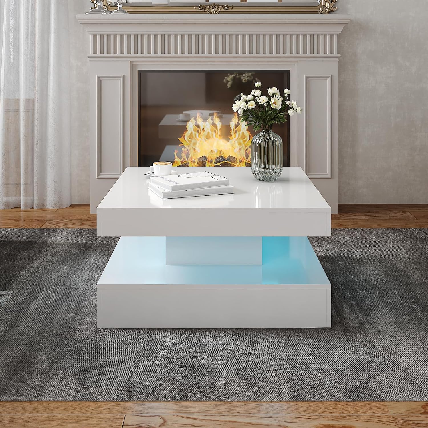 HedoAjim White LED Coffee Table for Living Room, 2-Tier Square Center Table Living Room Table, Modern High Glossy Contemporary Wood Coffee Tables with Storage, Suitable for Dining Reception