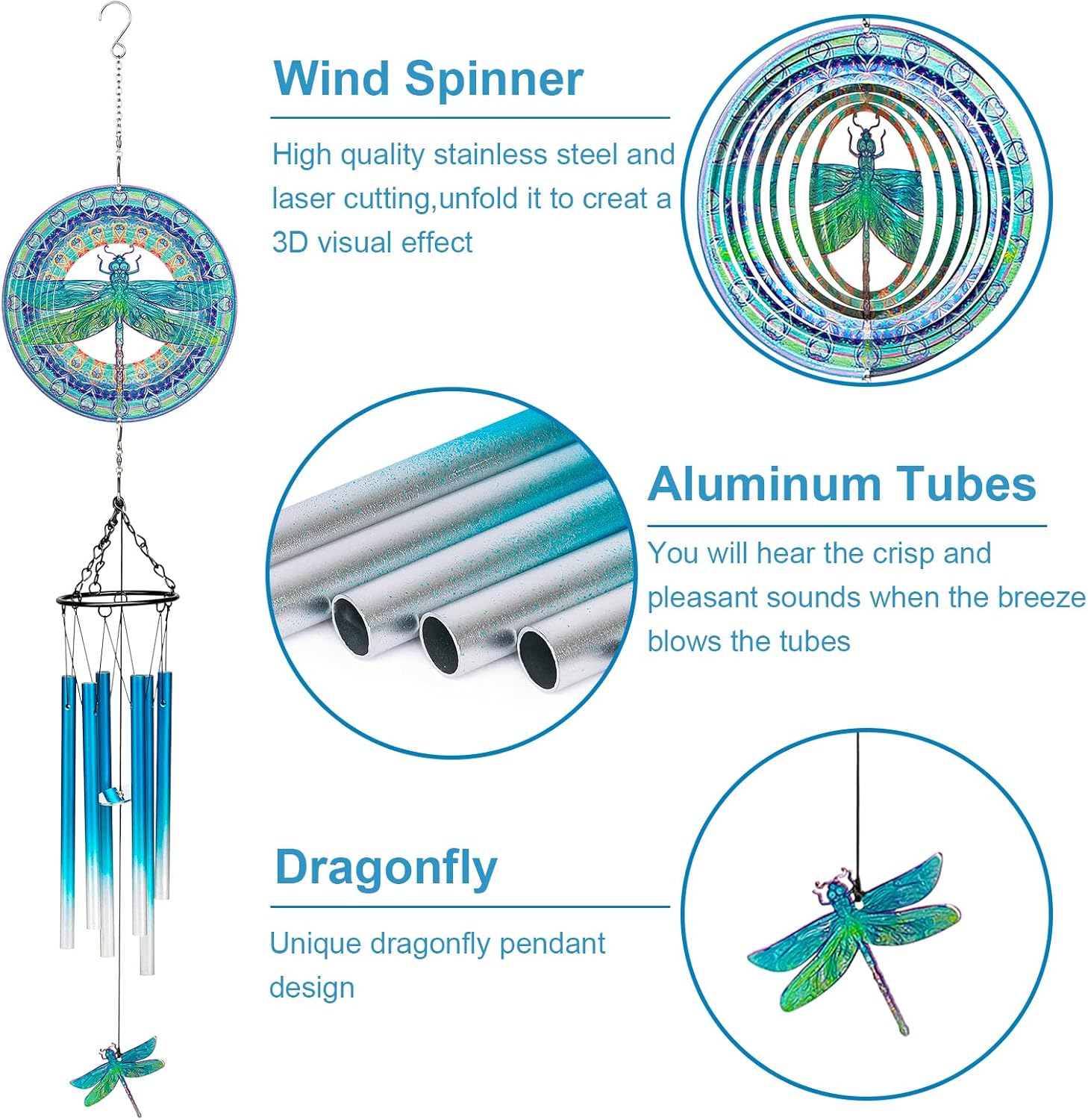 TUOKING Wind Chimes for Outside 3D Dragonfly Wind Spinner Windchimes Hanging Decoration for Outdoor Yard Garden Patio, Unique Gift for Mom,Women,Chimes Lovers