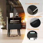 YAUKOMEL Fluted Nightstand with Charging Station, Modern Bedside Table with Drawer,Black Nightstand with Solid Wood Legs, End Table,Side Table for Living Room,Bedroom Black CTG57BKE