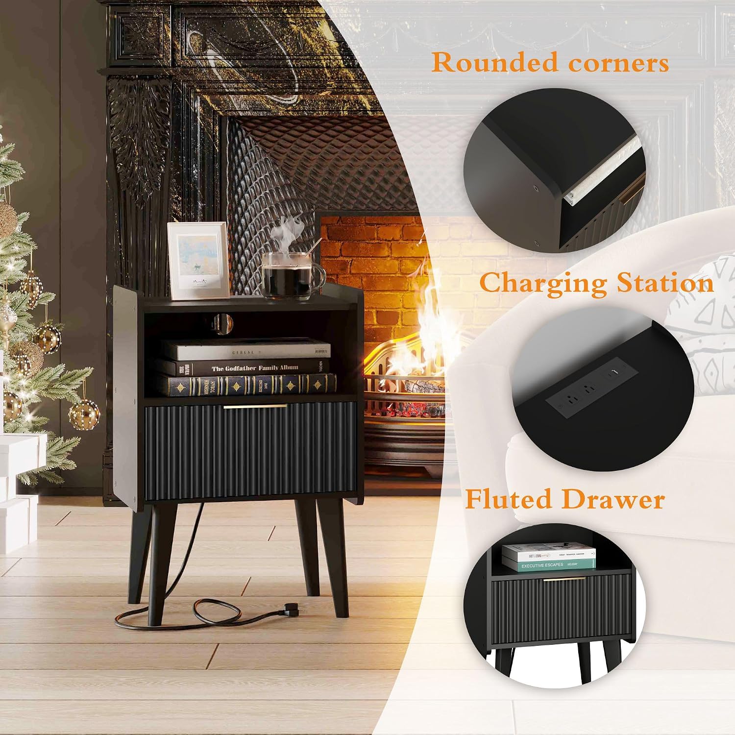 YAUKOMEL Fluted Nightstand with Charging Station, Modern Bedside Table with Drawer,Black Nightstand with Solid Wood Legs, End Table,Side Table for Living Room,Bedroom Black CTG57BKE