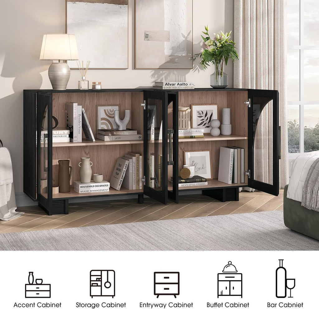 JOINICE Sideboard Buffet Cabinet with Storage,63” Modern Accent Console Cabinet with Glass Doors,Arched Credenza Storage Cabinet with Adjustable Shelves for Entryway,Kitchen,Black