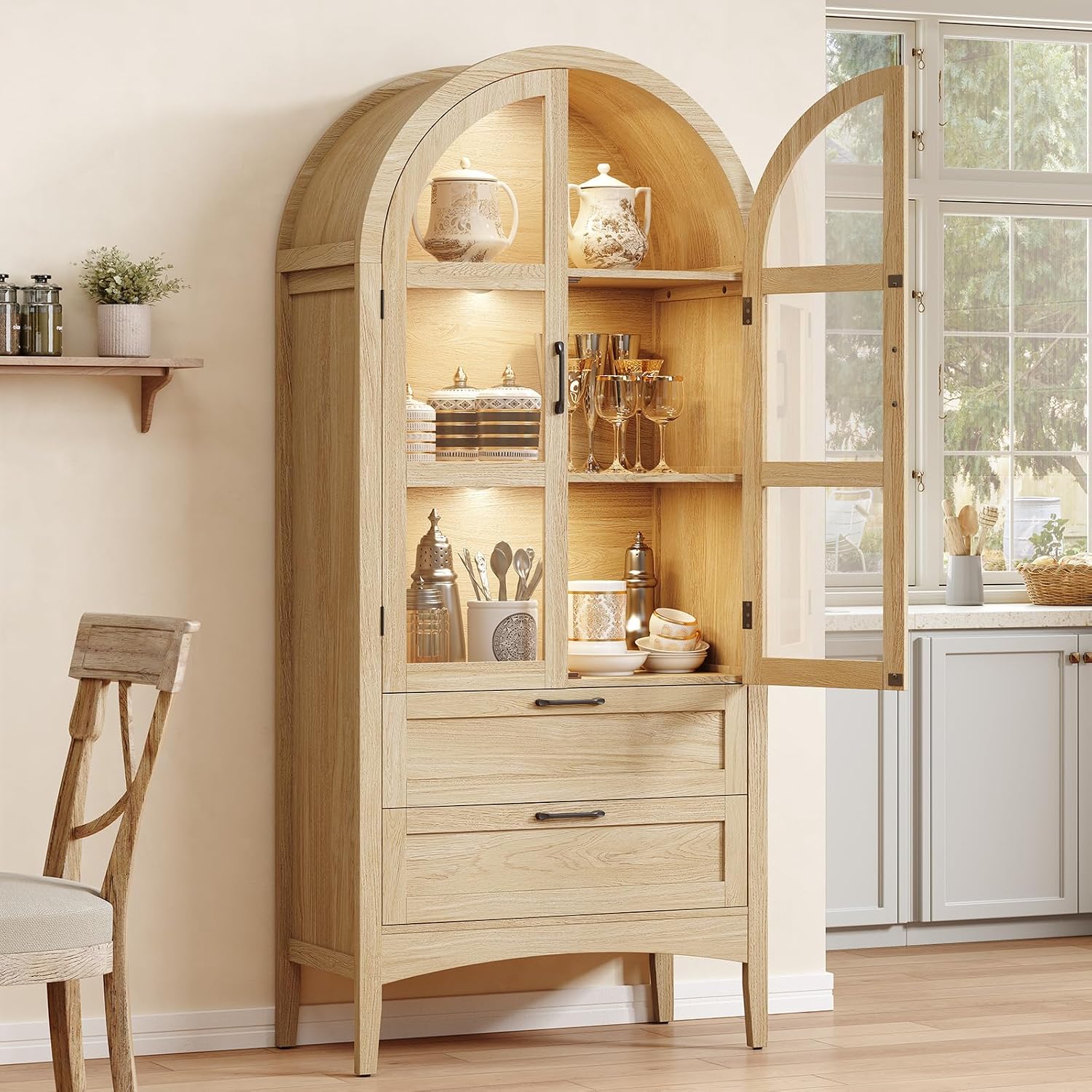 ONBRILL 71" Tall Arched Display Cabinet with LED Lights, Arched Kitchen Pantry with 2 Drawers, Modern Display Storage Cabinets with Adjustable Feet, Pantry Cabinet for Kitchen, Living/Dining Room