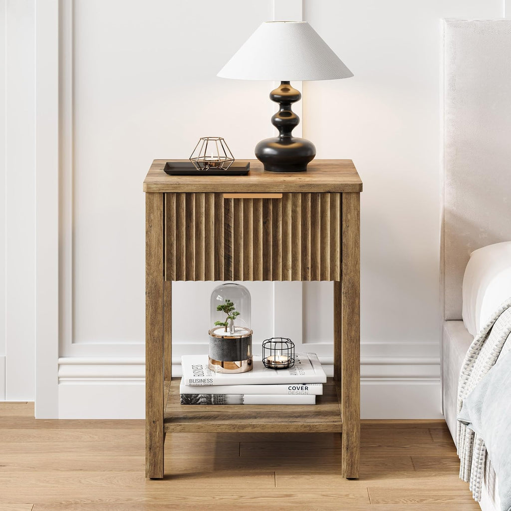 Fluted Nightstands Set of 2, Farmhouse Wood End Table with Drawer, Modern Beside Table with Open Storage Shelf, Small Side Table Organizer for Couch Bedroom Living Room(2, Brown) BNS102YW-2